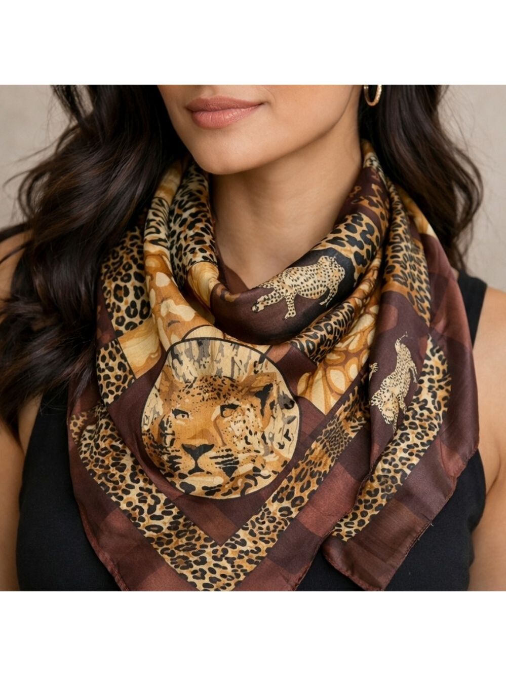 Vintage Leopard Print Silk Scarf Brown Gold Black 40"
